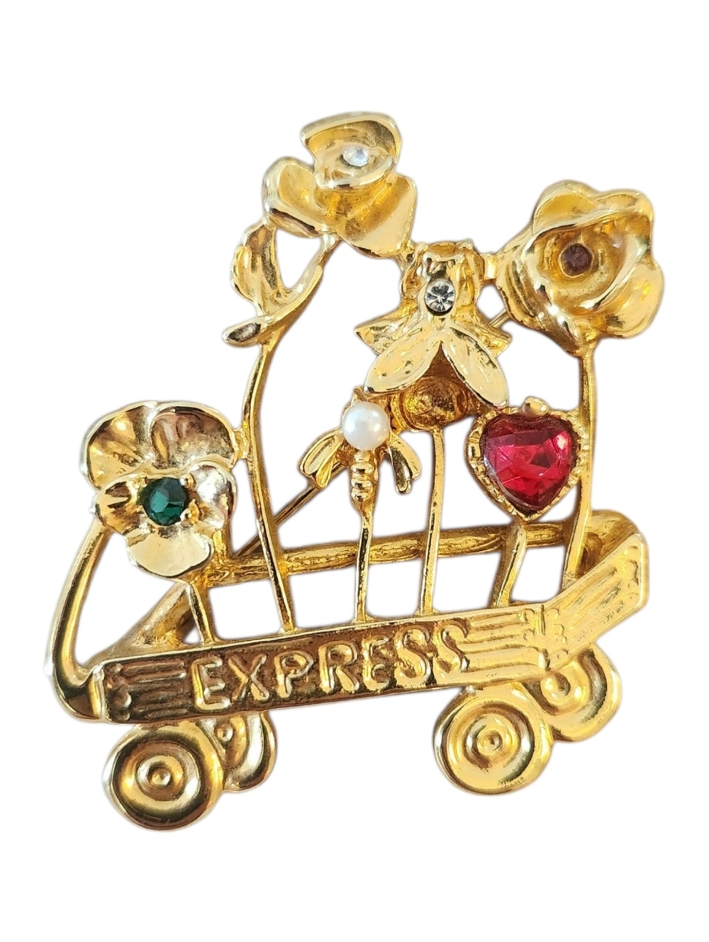 Gold-Tone 'Express' Floral Cart Pin / Brooch with Red Heart Gem
